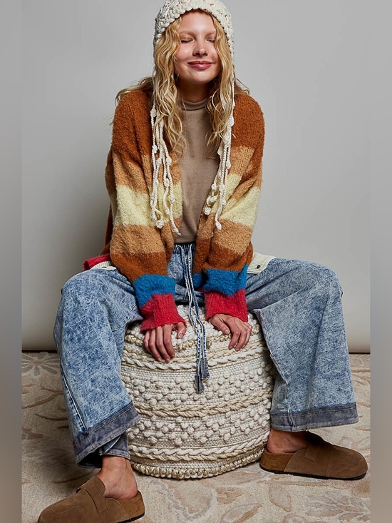POL Sweaters - POL “ Malibu Sunset “ Striped Cardigan Sweater | Choco Multi